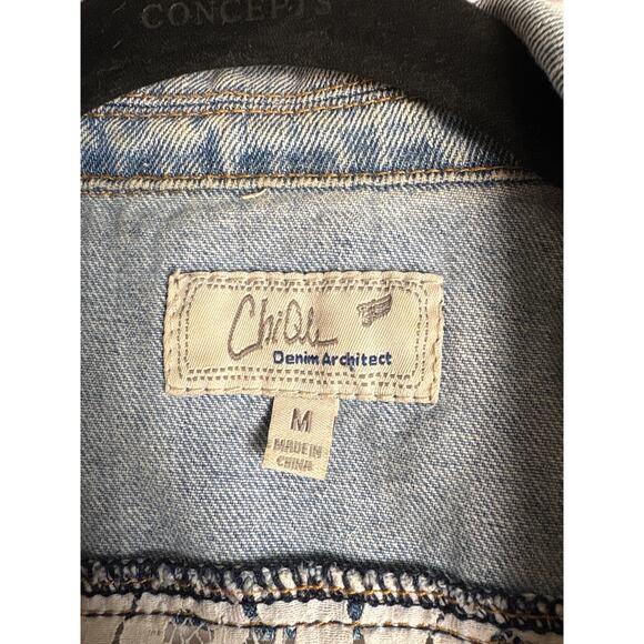 ChiQle Blue Denium Architect Jacket Sz M Floral Back - Picture 3 of 8